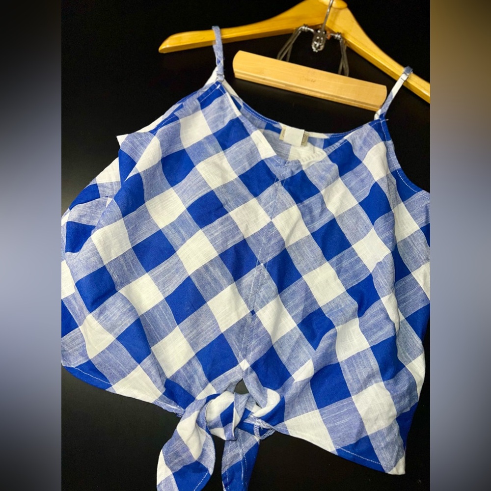 Eyelash Couture Blue & White Checkered Knot Front Top Size XL EUC